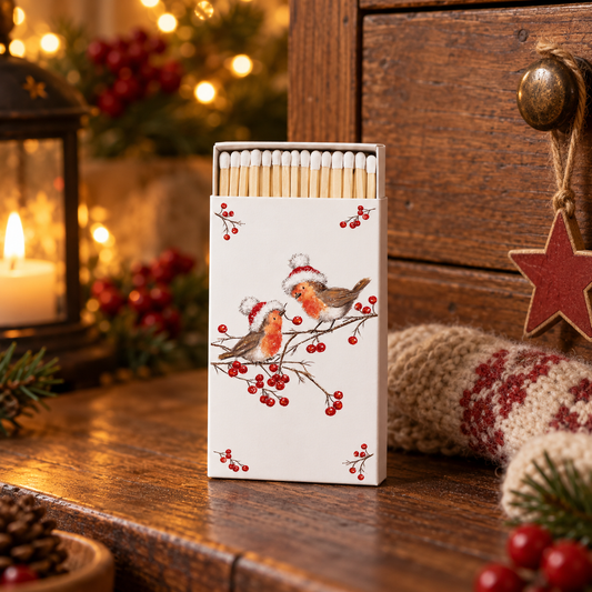 Weiße Streichholzschachtel Christmas Robins mit zwei Rotkehlchen in einer warm beleuchteten Weihnachtsdekoration
