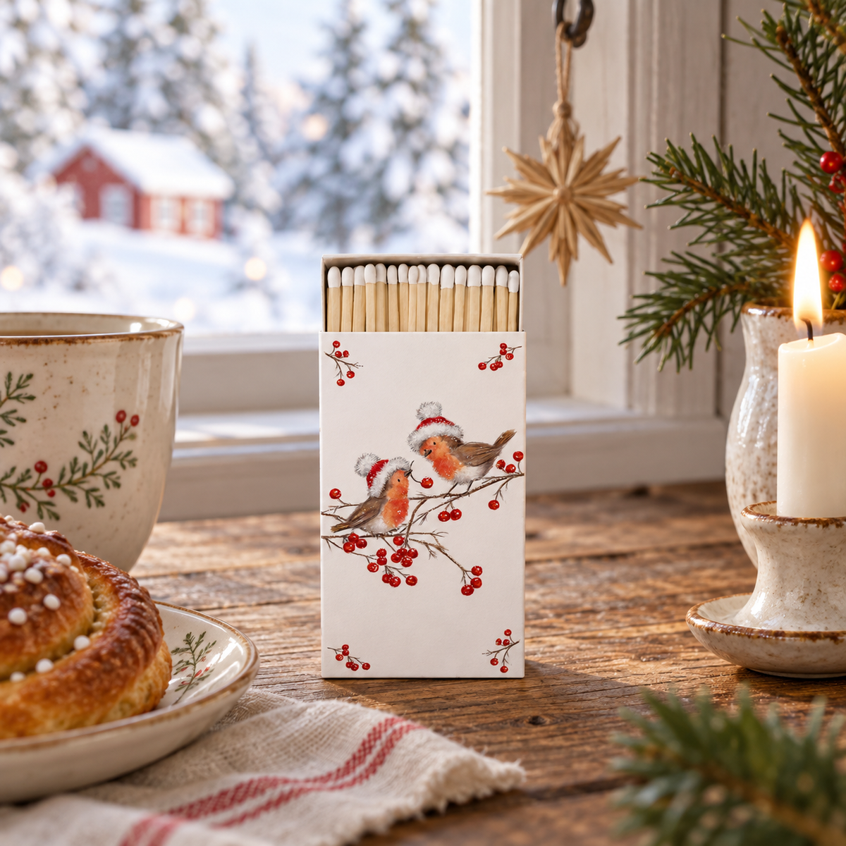 Weiße Streichholzschachtel Christmas Robins mit zwei Rotkehlchen in einer winterlichen Frühstücksszene am Fenster