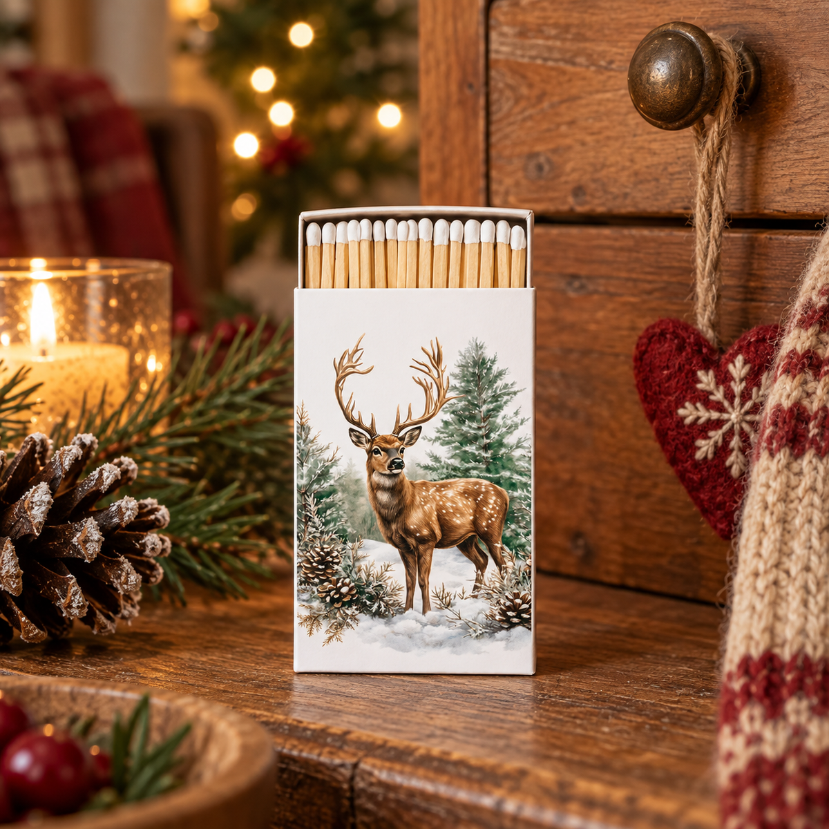 Weiße Streichholzschachtel Winter Stag mit Hirschmotiv in einer warm beleuchteten Weihnachtsdekoration