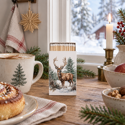 Weiße Streichholzschachtel Winter Stag mit Hirschmotiv in einer winterlichen Frühstücksszene am Fenster