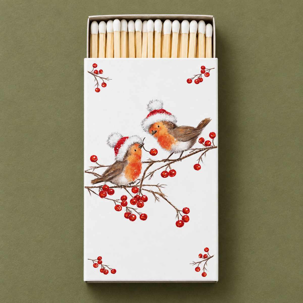 Streichholzschachtel Christmas Robins mit weißen Streichholzköpfen auf olivfarbenem Untergrund