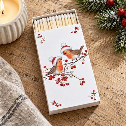 Streichhölzer Christmas Robins neben einem cremefarbenen Kerzenhalter auf einem Holztisch