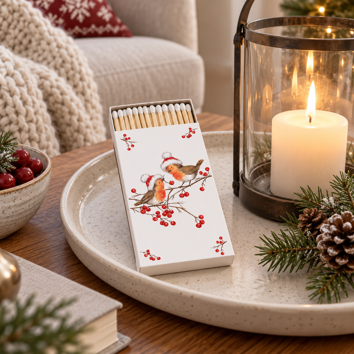 Streichholzschachtel Christmas Robins auf einem Tablett neben einer Laterne im winterlichen Wohnzimmer