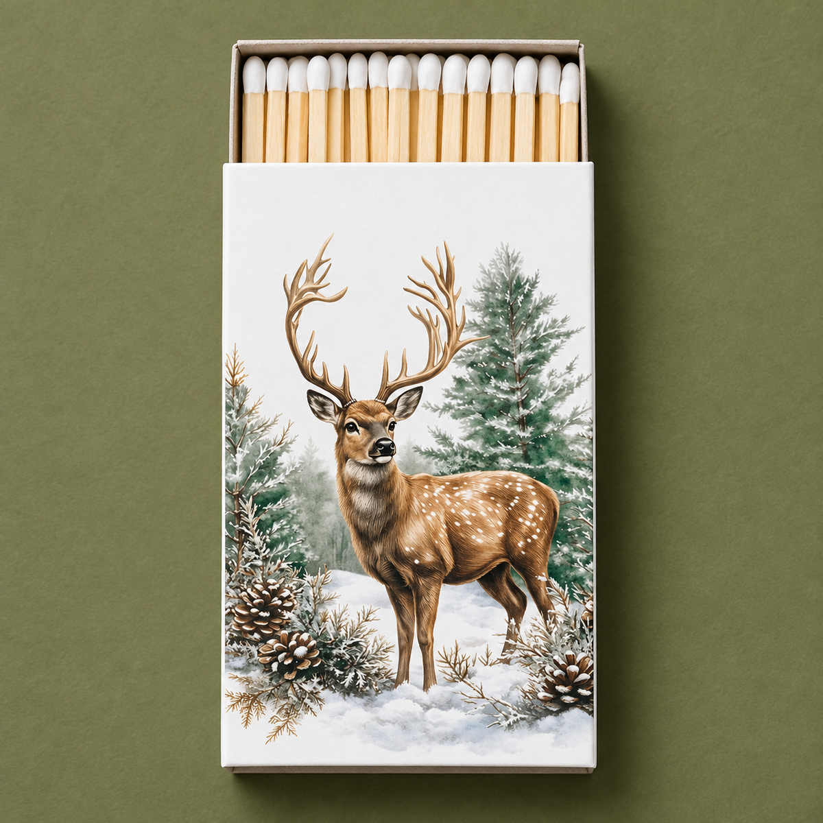 Streichholzschachtel Winter Stag mit weißen Streichholzköpfen auf olivfarbenem Untergrund