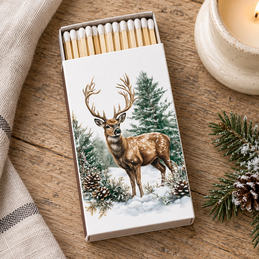 Streichhölzer Winter Stag neben einem cremefarbenen Kerzenhalter auf einem Holztisch