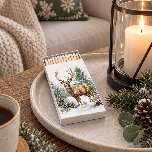 Streichholzschachtel Winter Stag auf einem Tablett neben einer Laterne im winterlichen Wohnzimmer