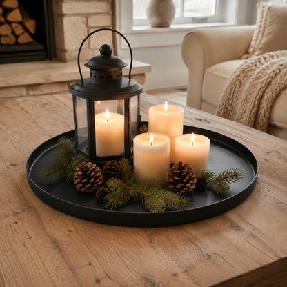 Schwarzes Metalltablett Noir 40 cm mit winterlicher Dekoration
