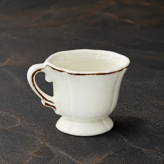 Tasse Nonna Keramik Vintage Weiß Braun vor dunklem Kontrast Hintergrund