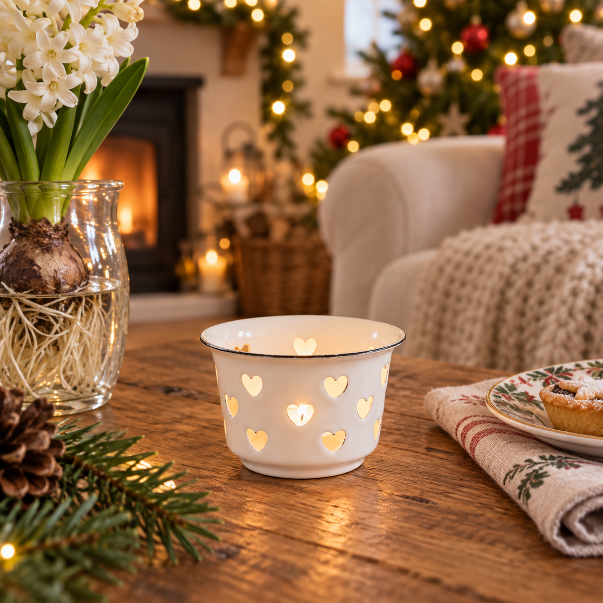 Weißer Emaille-Teelichthalter Candle Kiss mit Herzausschnitten in einer weihnachtlichen Wohnzimmerszene