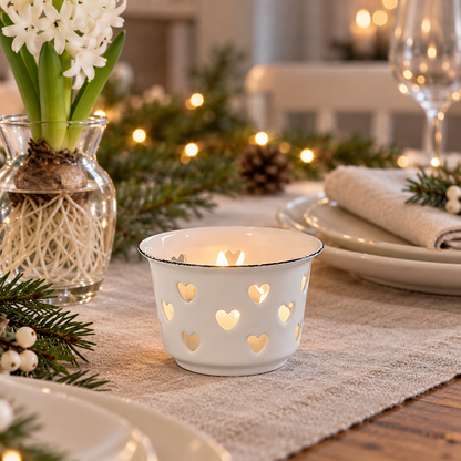 Weißer Emaille-Teelichthalter Candle Kiss mit Herzausschnitten auf einer festlich gedeckten Weihnachtstafel