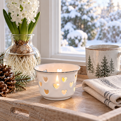 Weißer Emaille-Teelichthalter Candle Kiss mit Herzausschnitten in einer gemütlichen Dekoration am Winterfenster