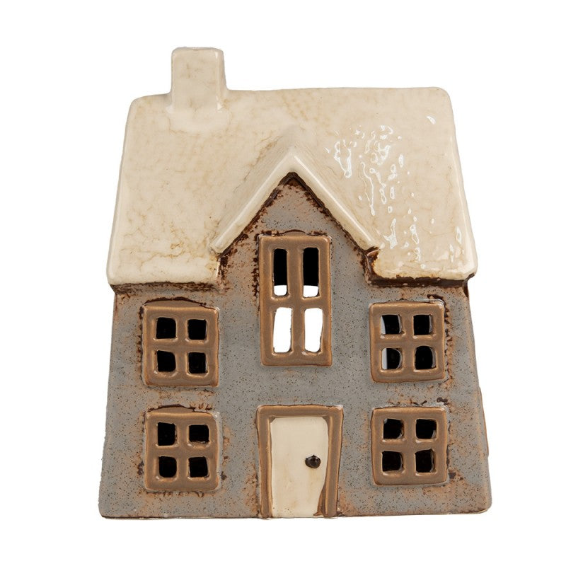 Haus Teelichthalter "Arvid" Keramik Grau Beige 17cm