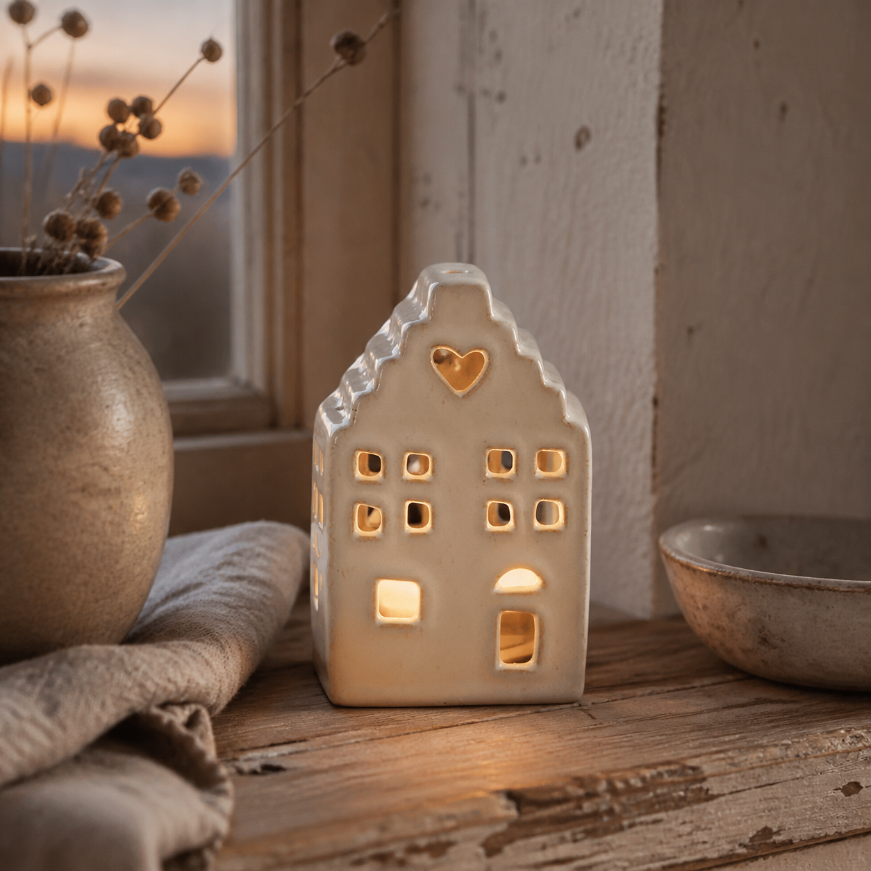 Haus Teelichthalter Mila Porzellan Beige im gemütlichen Landhaus Ambiente