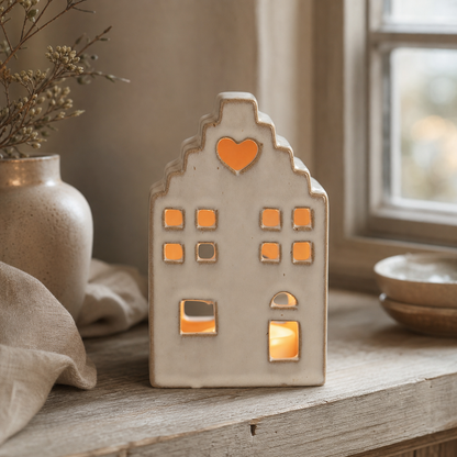 Haus Teelichthalter Milo Porzellan Beige im gemütlichen Landhaus Ambiente