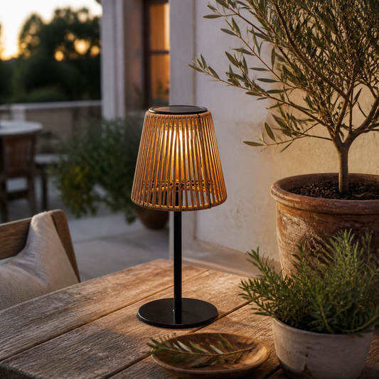 Tischlampe Salford LED Solar Rattanlook im Abendterrassen Ambiente
