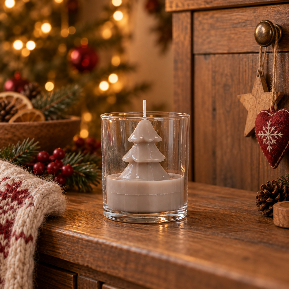 Taupefarbene Tannenkerze Tree Candle im klaren Glas in einer warm beleuchteten Weihnachtsdekoration
