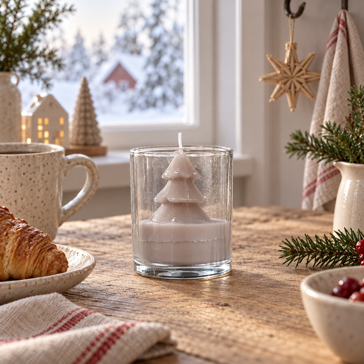 Taupefarbene Tannenkerze Tree Candle im klaren Glas in einer winterlichen Frühstücksszene am Fenster