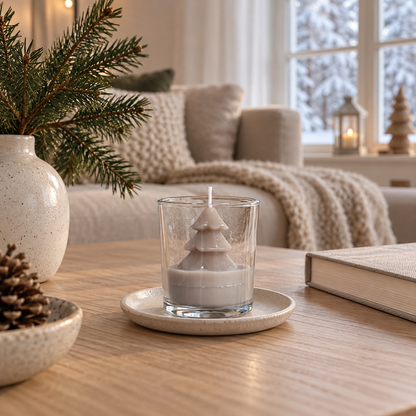 Tannenkerze Tree Candle auf einem Keramikteller im winterlichen Wohnzimmer