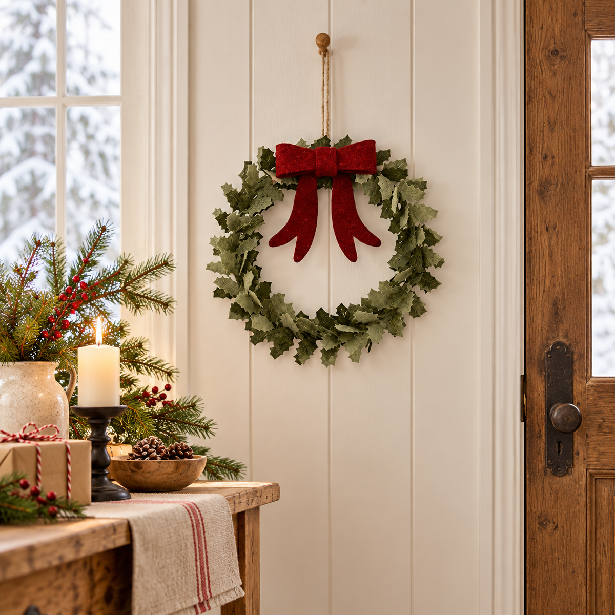 Türkranz Stechpalme mit roter Schleife 20cm im weihnachtlichen Landhausambiente