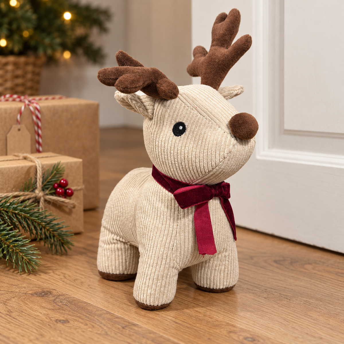 Türstopper Rudy mit weinroter Schleife neben Weihnachtsgeschenken.
