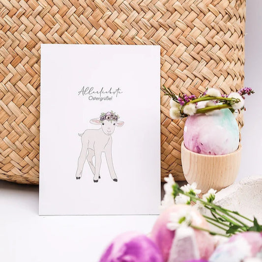 Postkarte "Allerliebste Ostergrüße" von verblühmeinnicht, mit bunten Osterdesigns auf hochwertigem Postkartenpapier.