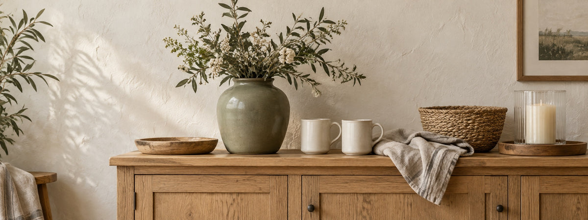 Wohnliche Landhausdekoration mit Keramik, Naturtextilien und Korb auf einem Holzsideboard