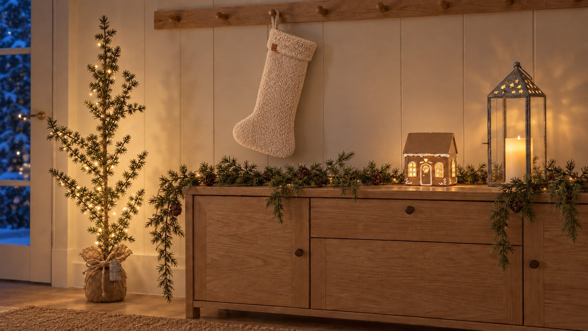 Weihnachtlicher Lichterabend mit Cedar-Light-Zeder, Teddy-Strumpf, Zederngirlande, Gingerbread-Teelichthaus und großer Sternenlicht-Laterne.