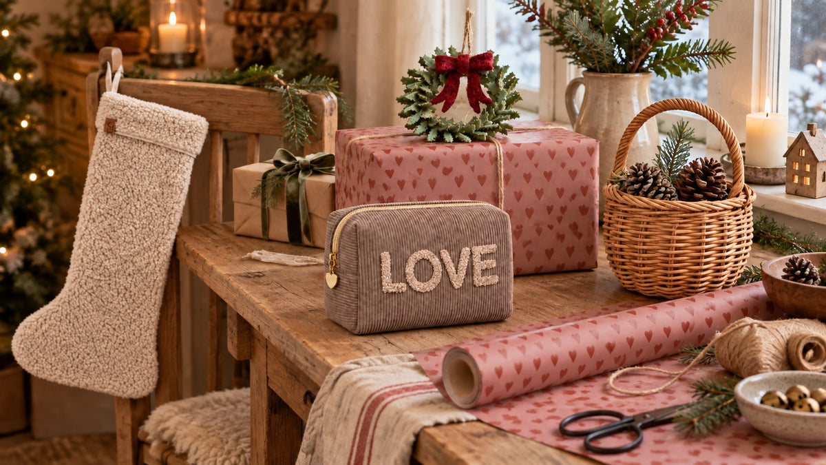 Geschenktisch mit Teddy-Strumpf, Holly-Filzkranz, Love-Kosmetiktasche in Cappuccino, Herzen-Geschenkpapier und Rotkäppchen-Korb.