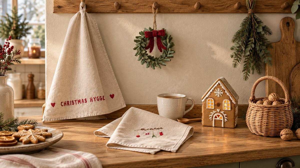 Weihnachtsküche mit Christmas-Hygge-Geschirrtuch, Tradition-Stoffserviette, Holly-Filzkranz, Gingerbread-Schneekristallhaus und Rotkäppchen-Korb.