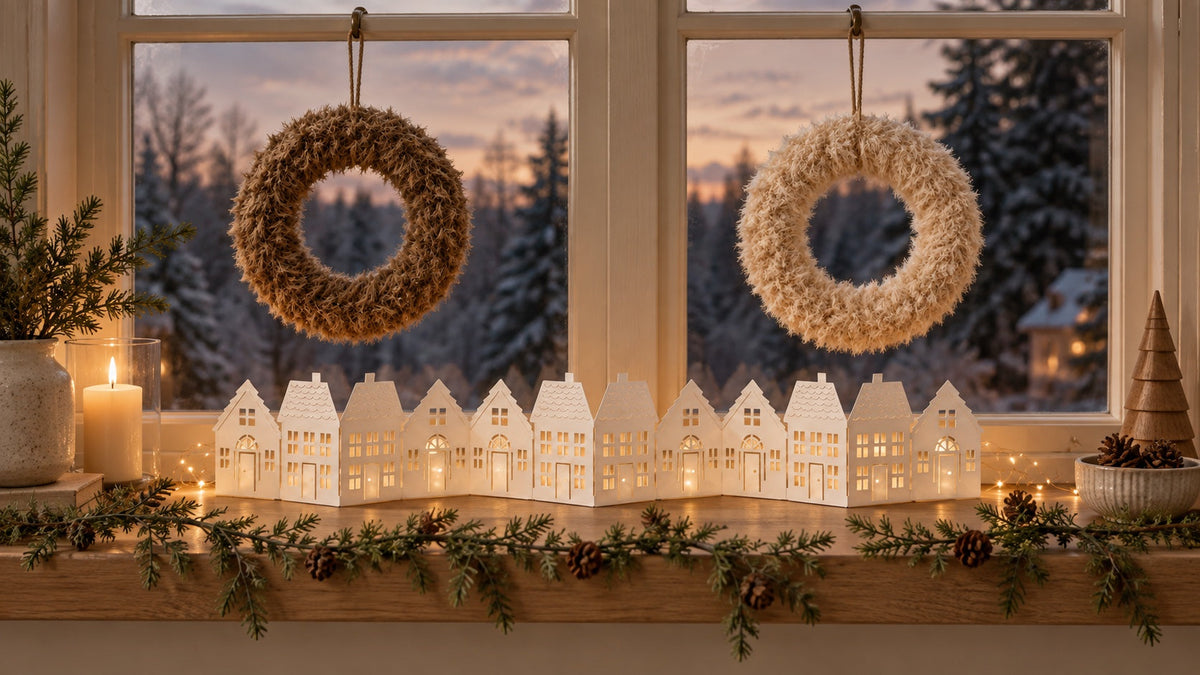 Winterfenster mit Fiora-Fellkränzen in Braun und Creme, beleuchteten Wintergasse-Papierhäusern, Copper-Glow-Lichterkette und Zederngirlande.