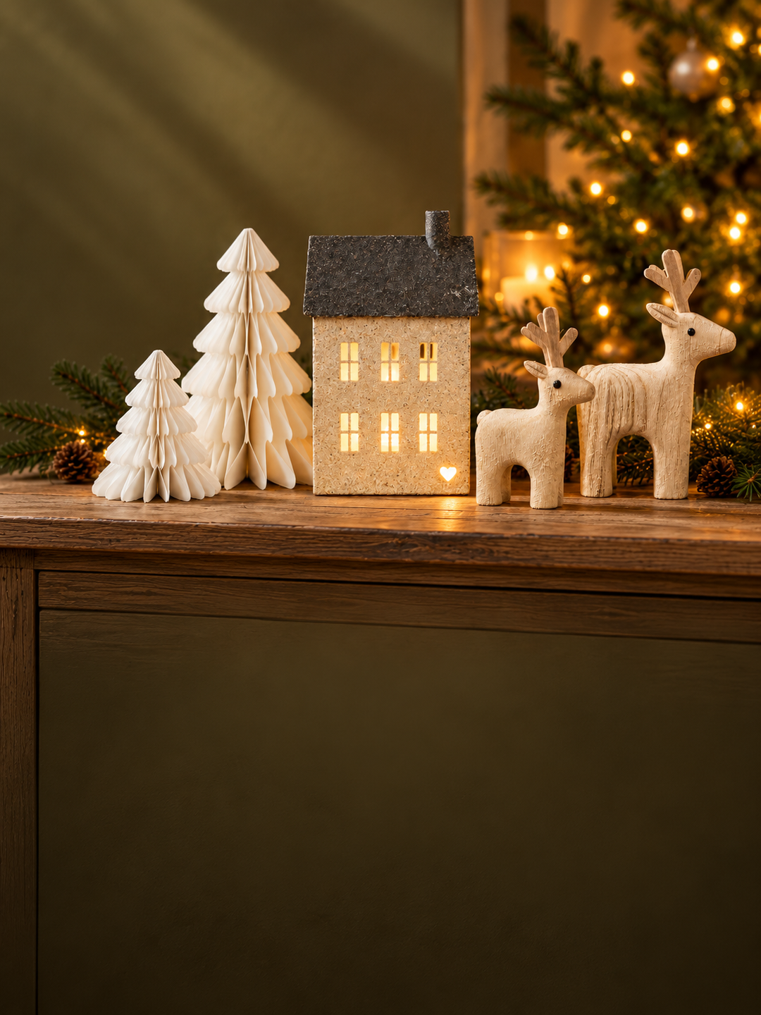 Winterliche Neuheiten mit Papierbäumen, Teelichthaus und Rentieren im Hochformat