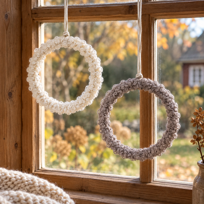 Fenna-Fellringe in Creme und Braun als schlichte Fensterdekoration