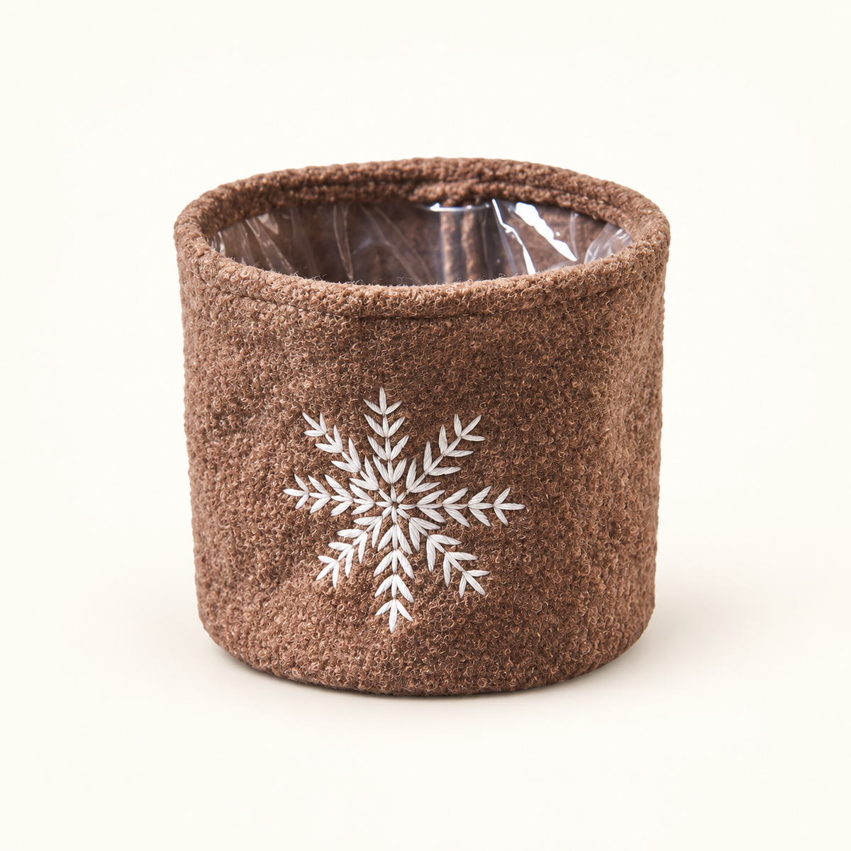 Übertopf „Schneeflöckchen“ Stoff Schneeflocke 12cm – 3 Farben – freisteller braun