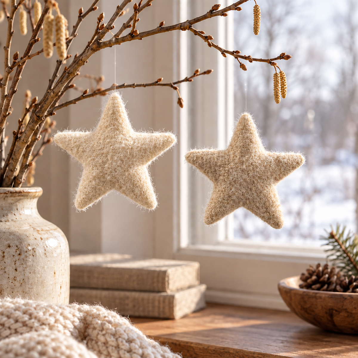 Stoffsterne Flockenzauber in Creme und Beige mit fast unsichtbarem Perlon-/Nylonband – am Fenster