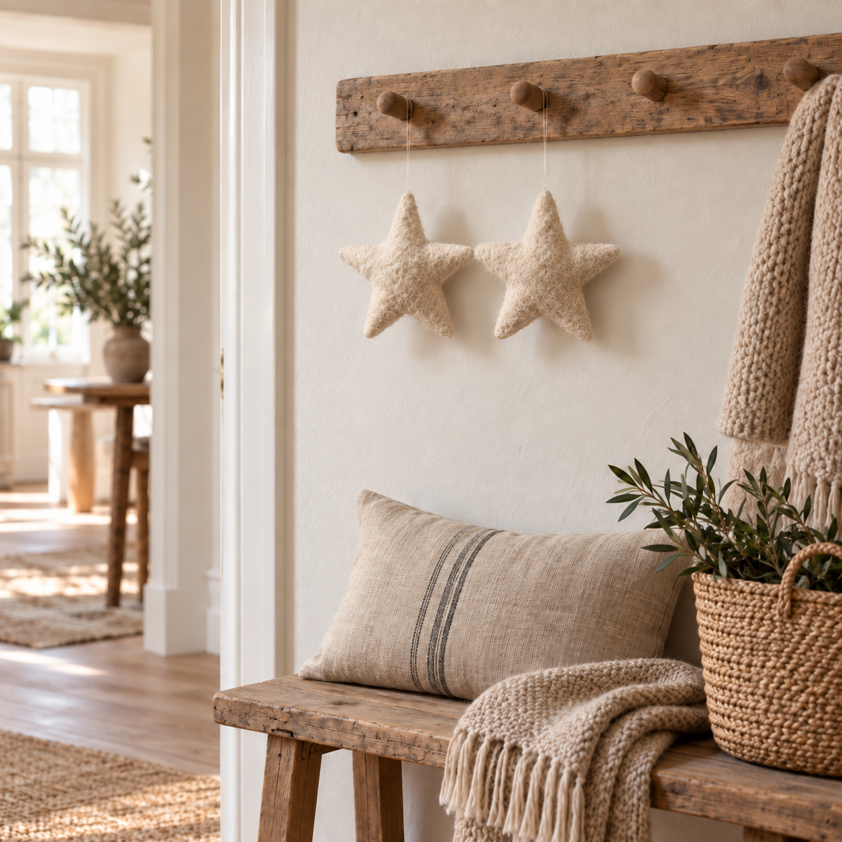 Stoffsterne Flockenzauber in Creme und Beige mit fast unsichtbarem Perlon-/Nylonband – an der Hakenleiste