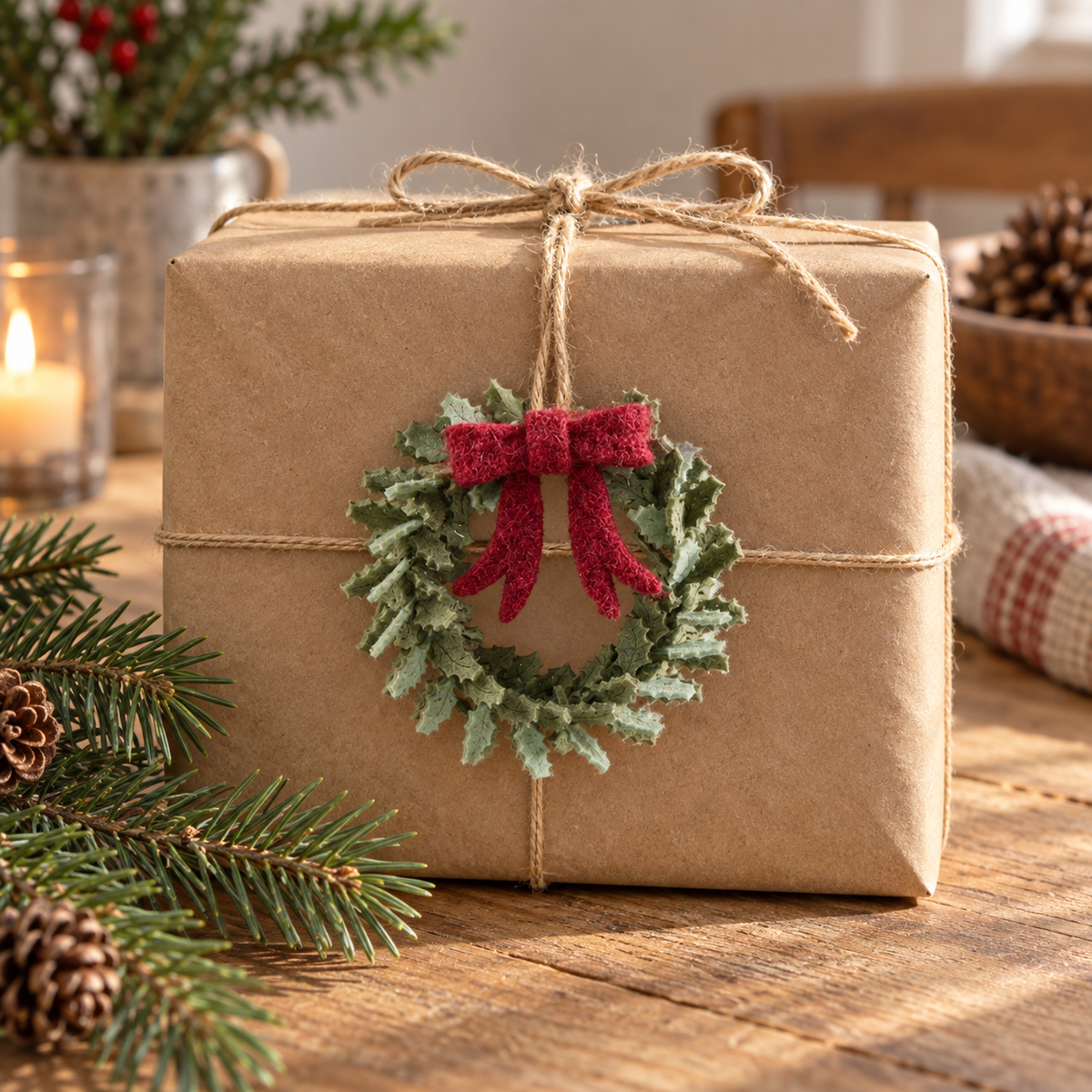 Mini Kranz „Holly“ Filz Rote Schleife 10cm Grün – ambiente 1