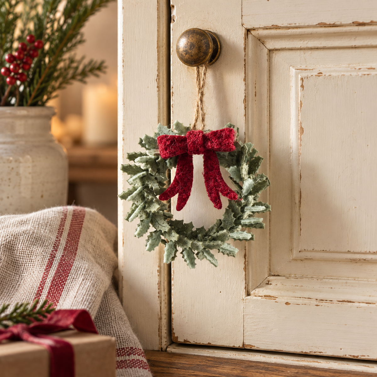 Mini Kranz „Holly“ Filz Rote Schleife 10cm Grün – ambiente 3