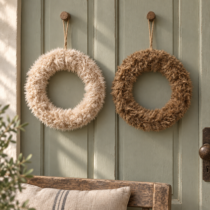 Fiora-Fellkränze in Creme und Braun an einer Landhaus-Garderobe