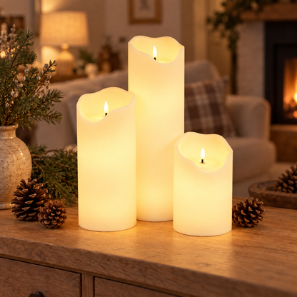 LED-Kerzen Lumière im 3er-Set mit warmweiß leuchtender Flammenspitze und von innen beleuchtetem Kerzenkörper – auf dem Sideboard