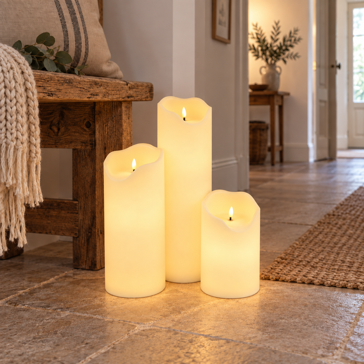 LED-Kerzen Lumière im 3er-Set mit warmweiß leuchtender Flammenspitze und von innen beleuchtetem Kerzenkörper – neben der Holzbank