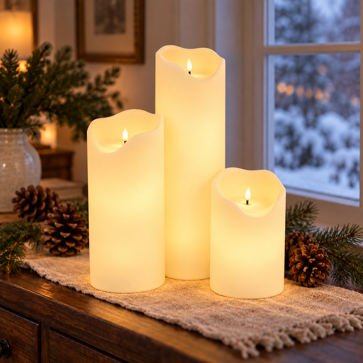 LED-Kerzen Lumière im 3er-Set mit warmweiß leuchtender Flammenspitze und von innen beleuchtetem Kerzenkörper – am Fenster