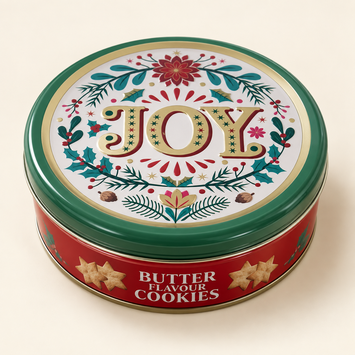 Weihnachts-Keksdose „Butter Cookies“ mit Gebäck 114g – JOY oder Merry Xmas – freisteller joy