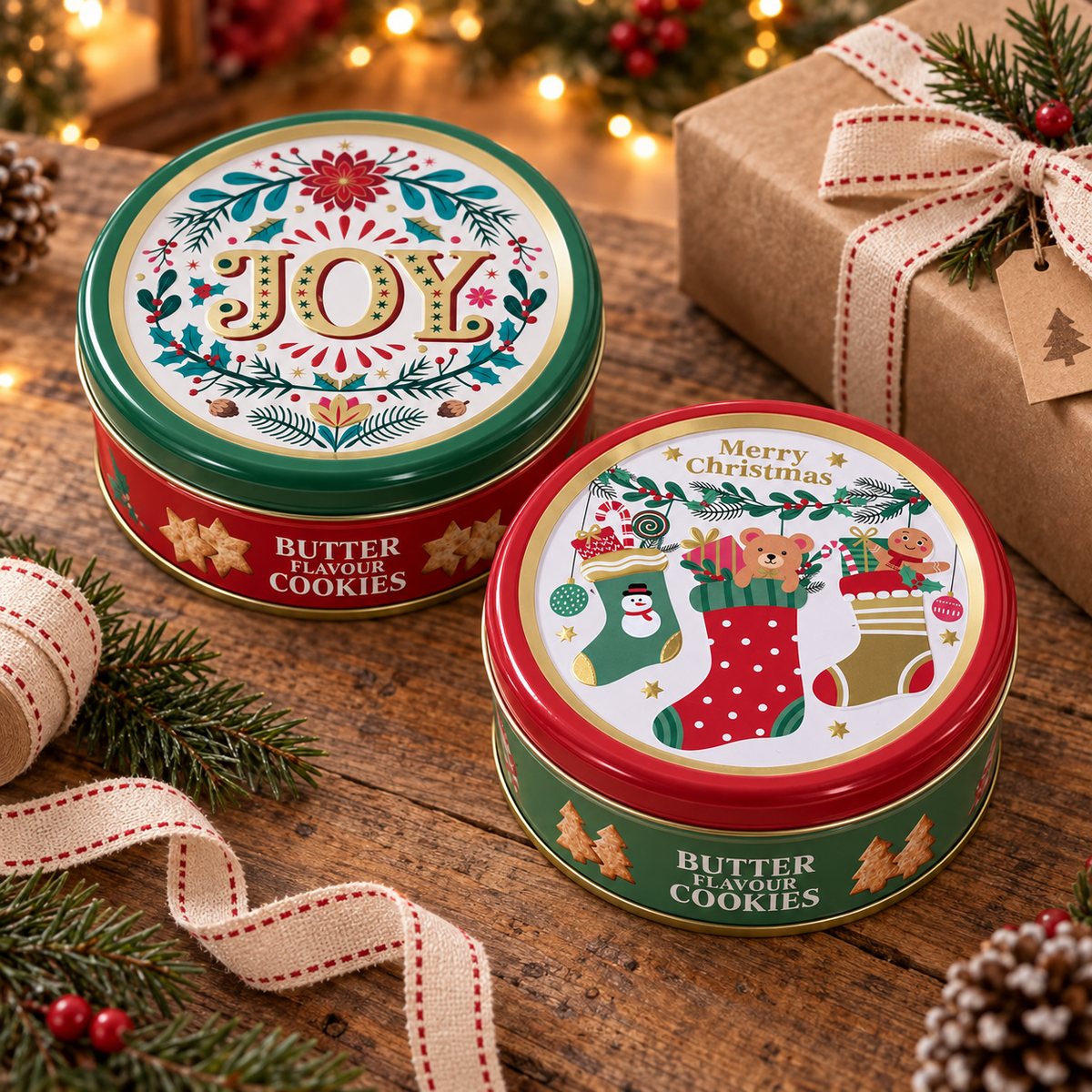 Keksdosen JOY und Merry Xmas auf einem gemütlichen weihnachtlichen Geschenktisch