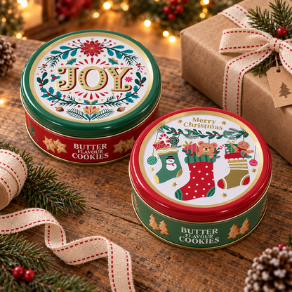 Keksdosen JOY und Merry Xmas auf einem gemütlichen weihnachtlichen Geschenktisch