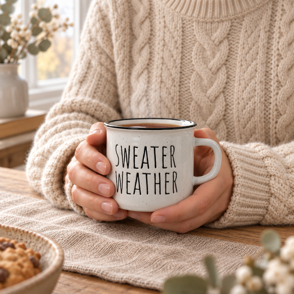 Becher Tasse „Sweater Weather“ Keramik Weiß 285ml – Ambiente · Hände um die Tasse