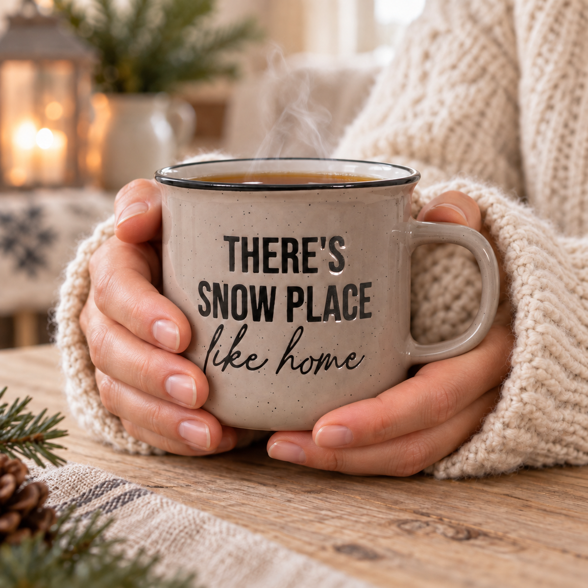 Becher Tasse „Snow Place Like Home“ Keramik Taupe 285ml – Ambiente · Hände um die Tasse