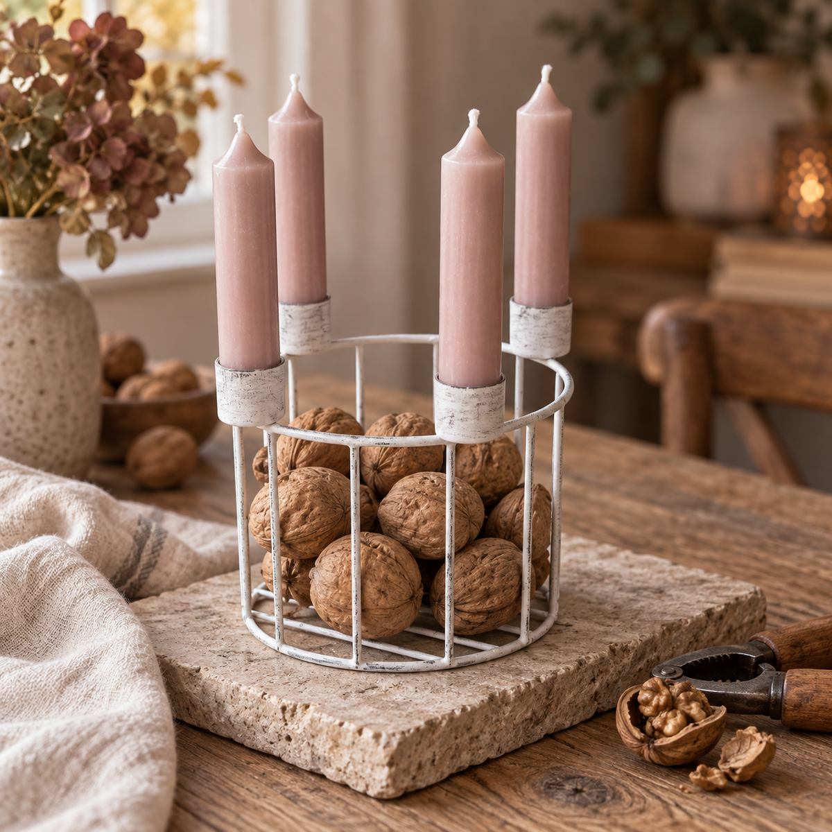 Vintageweißer Kerzenkorb mit ganzen Walnüssen und vier unangezündeten roséfarbenen Stabkerzen