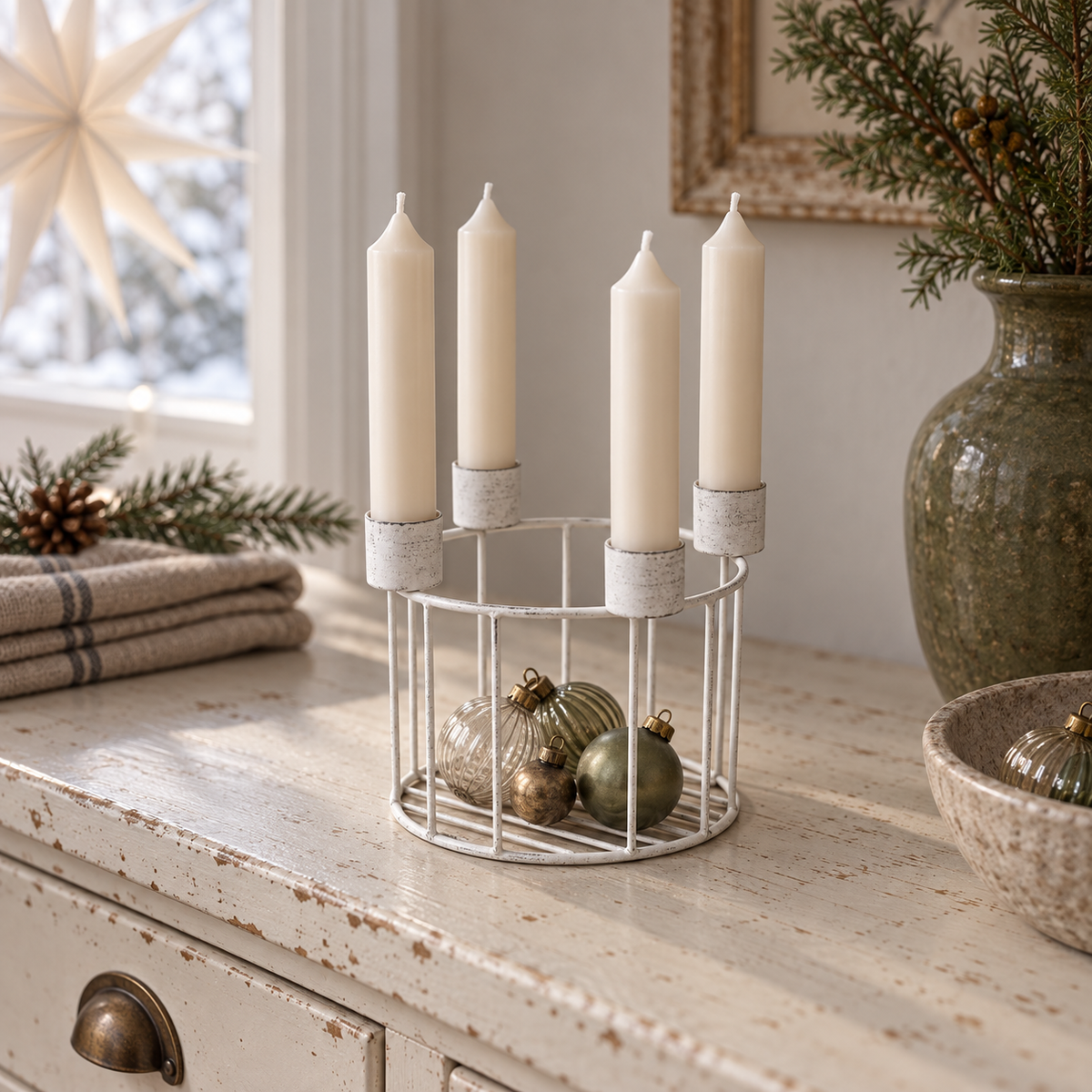 Metall-Kerzenkorb mit kleinen Weihnachtskugeln und vier unangezündeten cremefarbenen Kerzen auf einer Landhauskommode