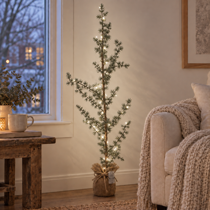 Schlanker LED-Tannenbaum neben einem cremefarbenen Sessel am winterlichen Fenster