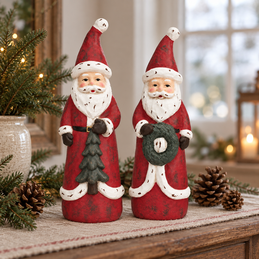 Beide Ton-Nikoläuse mit Tannenbaum und Kranz auf einer winterlichen Konsole